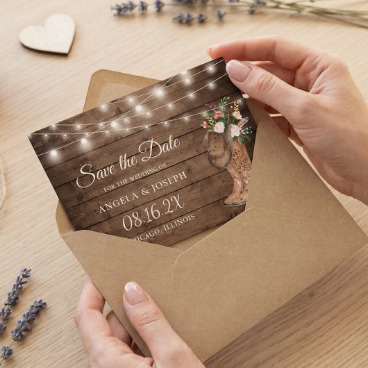 Rustieke laarzen Floral String Lights Bruiloft Save The Date