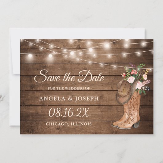 Rustieke laarzen Floral String Lights Bruiloft Save The Date (Voorkant)