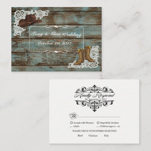 Rustieke Laarzen & Lace Wedding RSVP Kaart (Voorkant / Achterkant)