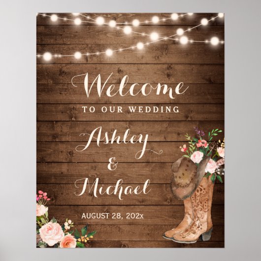 Rustieke laarzen String Lights Bloemen Trouwbord Poster (Voorkant)