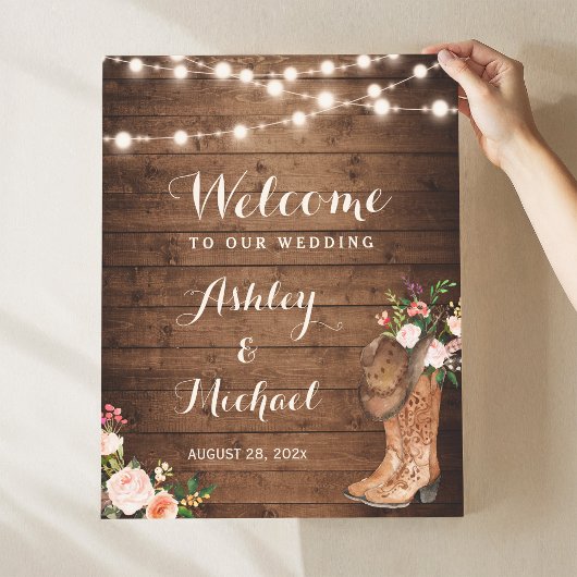 Rustieke laarzen String Lights Bloemen Trouwbord Poster