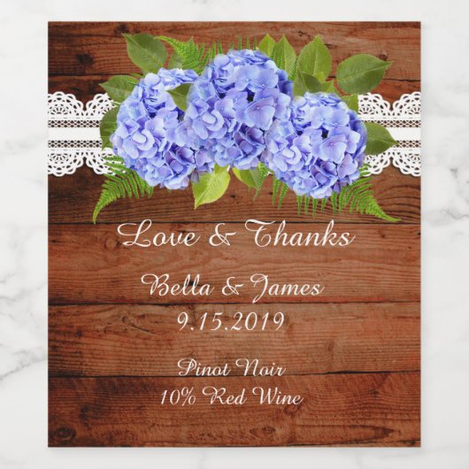 Rustieke Lace Blue Hydrangea Bruiloft Wijn Label Wijn Etiket (Enkel label)