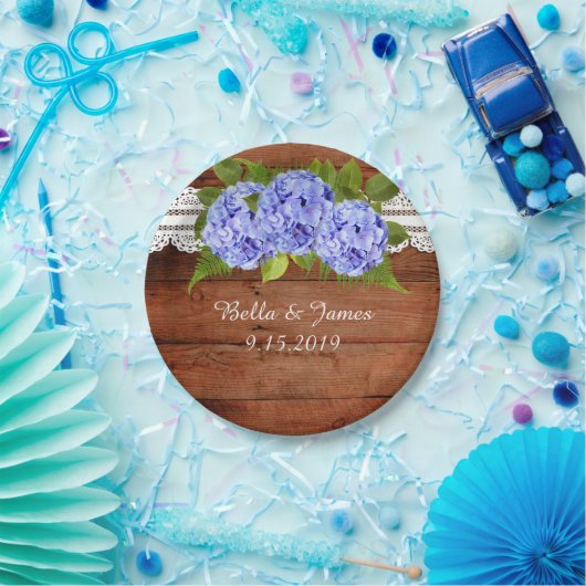 Rustieke Lace Blue Hydrangea Trouwpapier Bord (Feest)