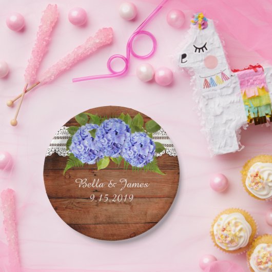 Rustieke Lace Blue Hydrangea Trouwpapier Bord (Feest)