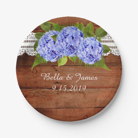 Rustieke Lace Blue Hydrangea Trouwpapier Bord (Voorkant)