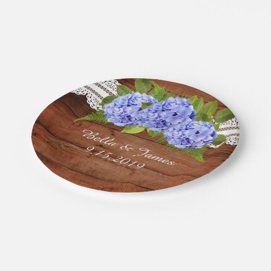 Rustieke Lace Blue Hydrangea Trouwpapier Bord (Gekanteld)
