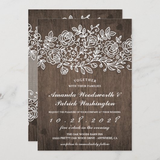 Rustieke Lace Country Barn Wood bruiloft uitnodigi Kaart (Voorkant / Achterkant)