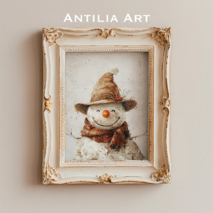 Rustieke Lachende Sneeuwman in Pet en Sjaal Kerst Poster