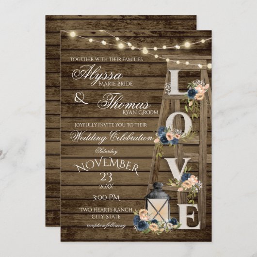 Rustieke Ladder en Lichten  Blauw Liefde Bruiloft Kaart (Voorkant / Achterkant)