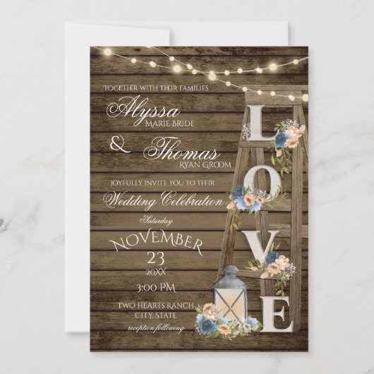 Rustieke Ladder en Lichten Blauw Liefde Bruiloft Kaart (Voorkant)