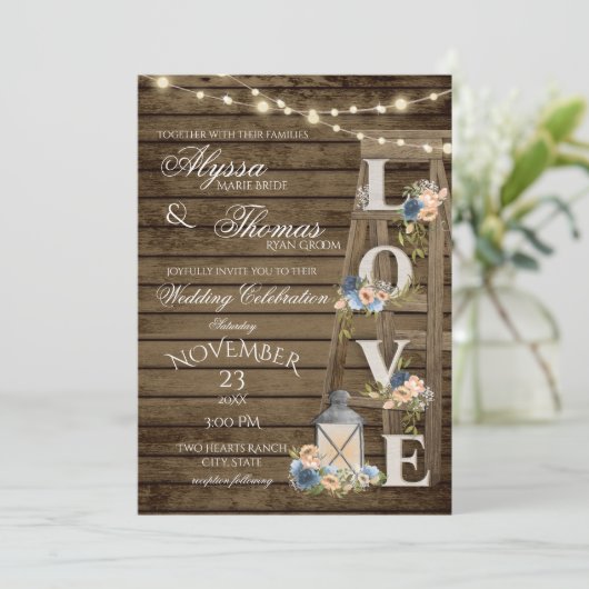 Rustieke Ladder en Lichten  Blauw Liefde Bruiloft Kaart (Staand voorkant)