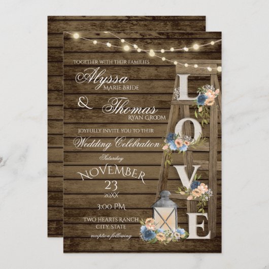 Rustieke Ladder en Lichten Blauw Liefde Bruiloft Kaart (Voorkant / Achterkant)