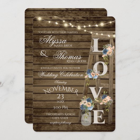 Rustieke Ladder en Lichten Blauw Liefde Bruiloft Kaart (Voorkant / Achterkant)