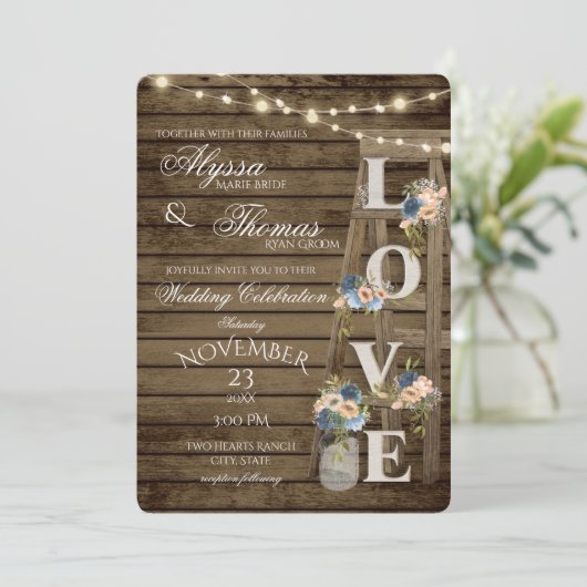 Rustieke Ladder en Lichten Blauw Liefde Bruiloft Kaart (Staand voorkant)