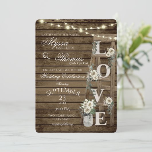 Rustieke Ladder en Witte Rozen Liefde Bruiloft Kaart (Staand voorkant)