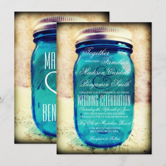 Rustieke Land Blauwgroen Mason Jar bruiloft Uitnod Kaart (Voorkant / Achterkant)