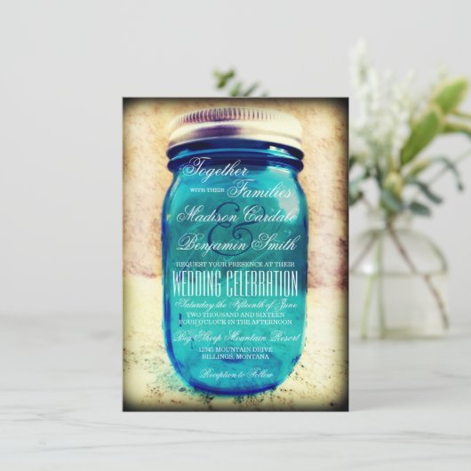 Rustieke Land Blauwgroen Mason Jar bruiloft Uitnod Kaart (Staand voorkant)