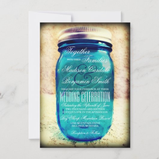 Rustieke Land Blauwgroen Mason Jar bruiloft Uitnod Kaart (Voorkant)