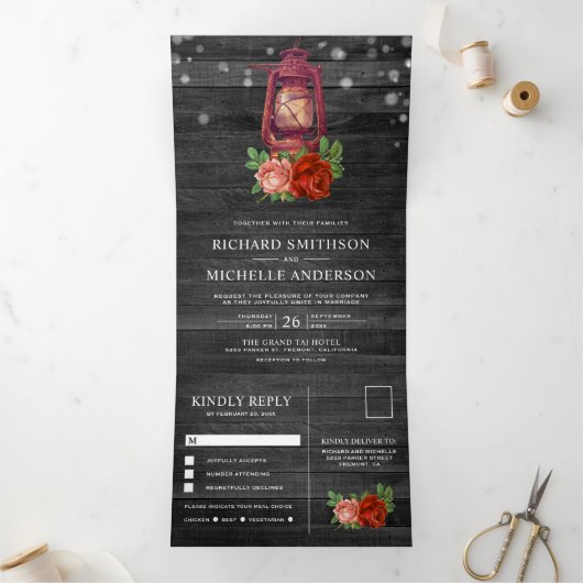  rustieke land bloemenolie lantaarn bruiloft drieluik uitnodiging (Binnen)