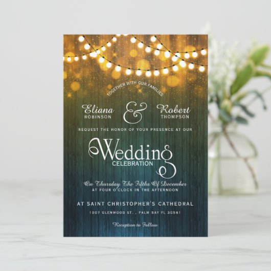 Rustieke land bruiloft string lichten bokeh kaart (Staand voorkant)