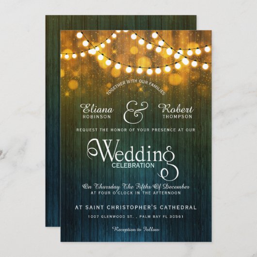 Rustieke land bruiloft string lichten bokeh kaart (Voorkant / Achterkant)