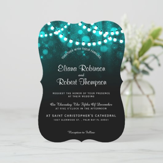 Rustieke land bruiloft string lichten turquoise kaart (Staand voorkant)