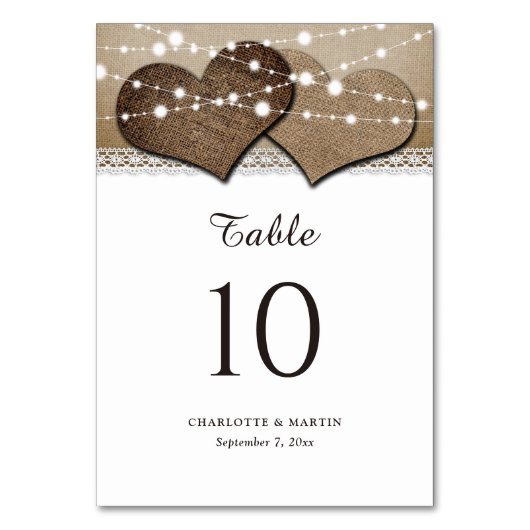 Rustieke Land Burlap en Kant Tafel Aantal Kaarten (Achterkant)