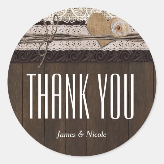 Rustieke Land Burlap Lace & Wood Favor Sticker (Voorkant)