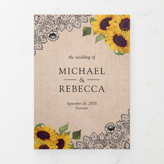 Rustieke Land Burlap Lace Zonnebloem Bruiloft Foto Drieluik Uitnodiging (Cover)