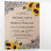 Rustieke Land Burlap Lace Zonnebloem Bruiloft Foto Drieluik Uitnodiging (Binnenzijde eerst)