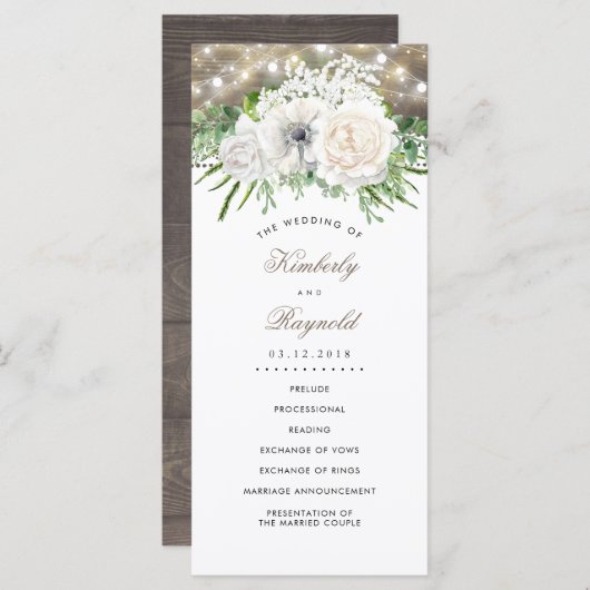 Rustieke land chique witte bloemen bruiloft progra programmakaart (Voorkant / Achterkant)