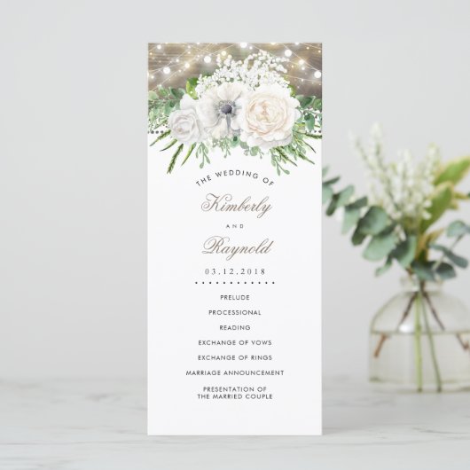 Rustieke land chique witte bloemen bruiloft progra programmakaart (Staand voorkant)