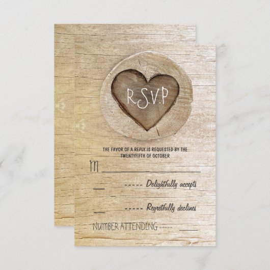 Rustieke land hout hart bruiloft RSVP kaarten (Voorkant / Achterkant)