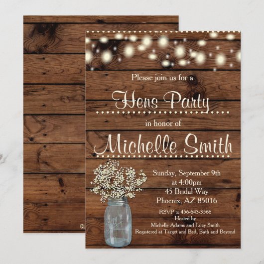Rustieke Land  Houten Hens Party Uitnodiging (Voorkant / Achterkant)