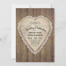 Rustieke land houten kant en jute bruiloft uitnodi kaart