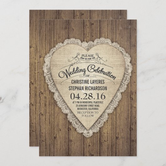 Rustieke land houten kant en jute bruiloft uitnodi kaart (Voorkant / Achterkant)