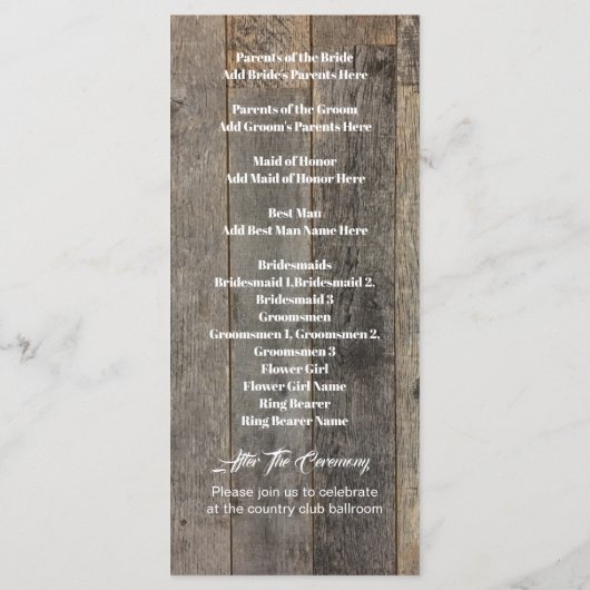 rustieke land houtnerf schuur bruiloft programma's (Achterkant)