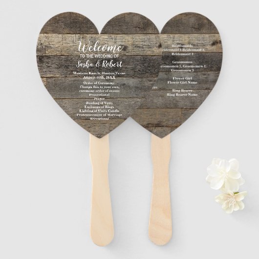 rustieke land houtnerf schuur bruiloft programma's handwaaier (Voorkant en achterkant)