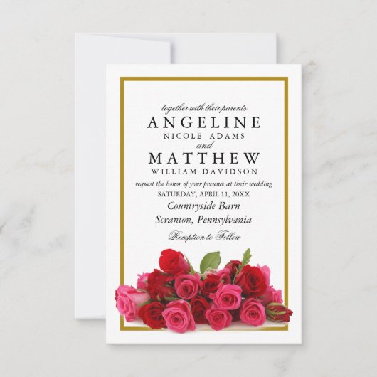 Rustieke Land Rozen Gouden Grens Bloemen Huwelijk Kaart (Voorkant)