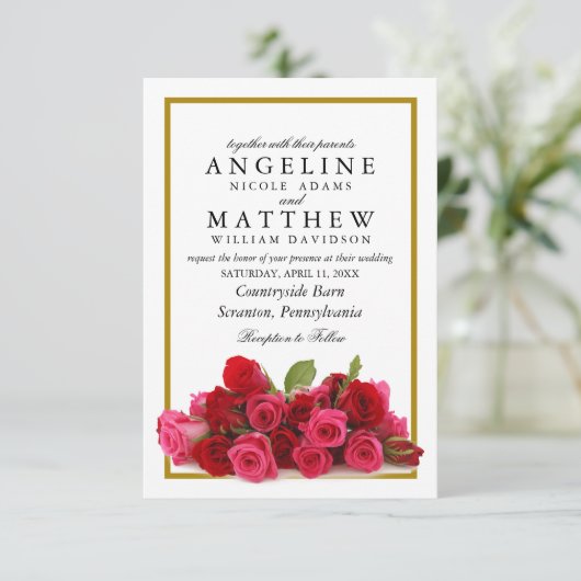 Rustieke Land Rozen Gouden Grens Bloemen Huwelijk Kaart (Staand voorkant)