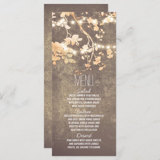 rustieke land string verlichting bruiloft menu kaa (Voorkant / Achterkant)