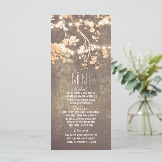 rustieke land string verlichting bruiloft menu kaa (Staand voorkant)