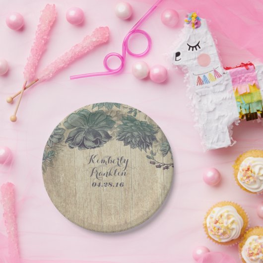 Rustieke land succulenten krans bruiloft papieren bordje (Feest)