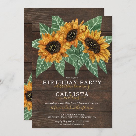 Rustieke Land Zonnebloem Hout Waterverf Verjaardag Kaart (Voorkant / Achterkant)