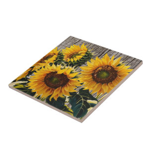 Rustieke Land Zonnebloemen op Barnboard Print Tegeltje