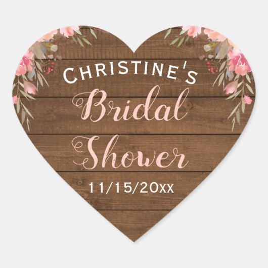 Rustieke landelijke chic roze bloemige bruids gesc hart sticker (Voorkant)