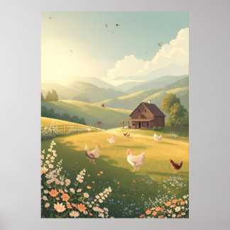 Rustieke landelijke hut met wilde bloemen poster
