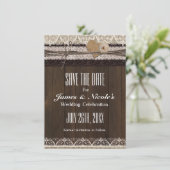Rustieke landelijke jute & kant save the date kaar (Staand voorkant)