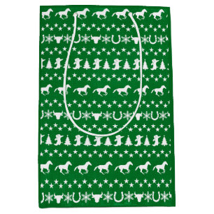 Rustieke Landelijke Kerst Paard Patroon Groen Medium Cadeauzakje