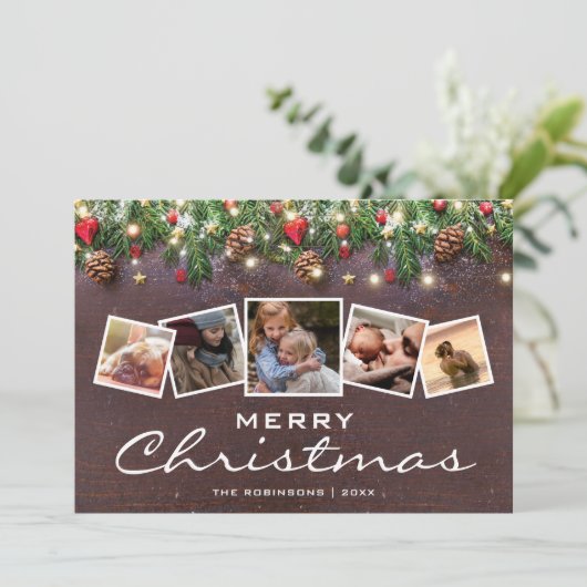 Rustieke landelijke Kerstvakantie Multi Foto Feestdagenkaart (Staand voorkant)